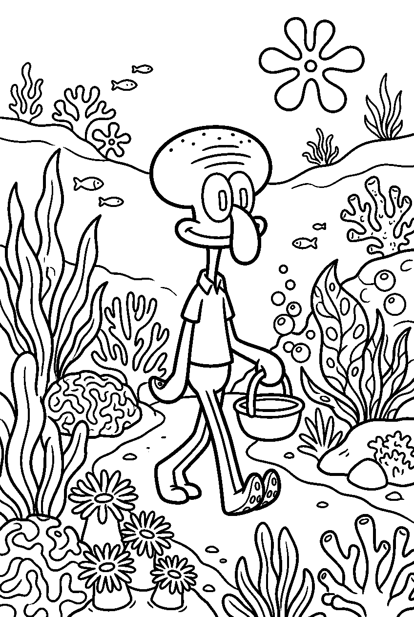 squidward exploring in underwater garden line art
