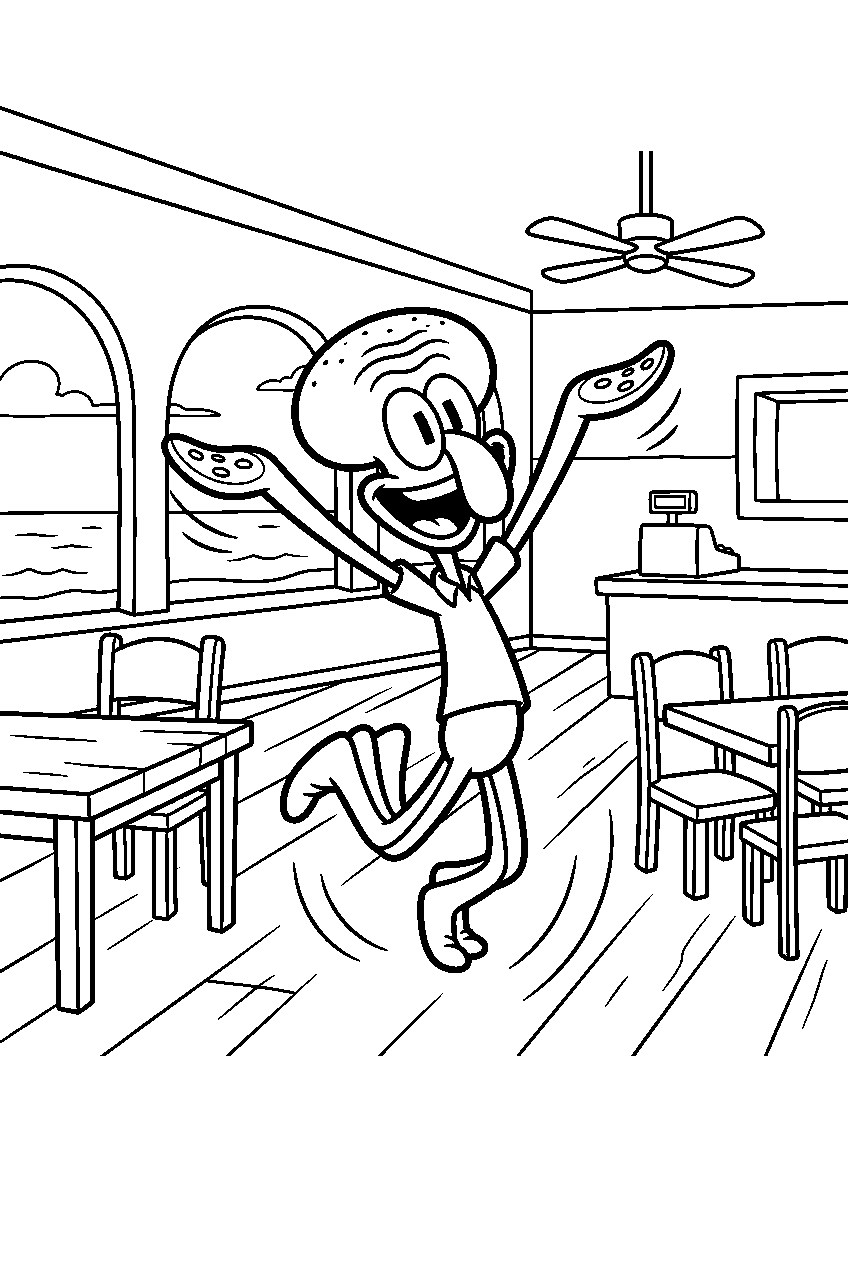 squidward jumping at krusty krab dining area line art