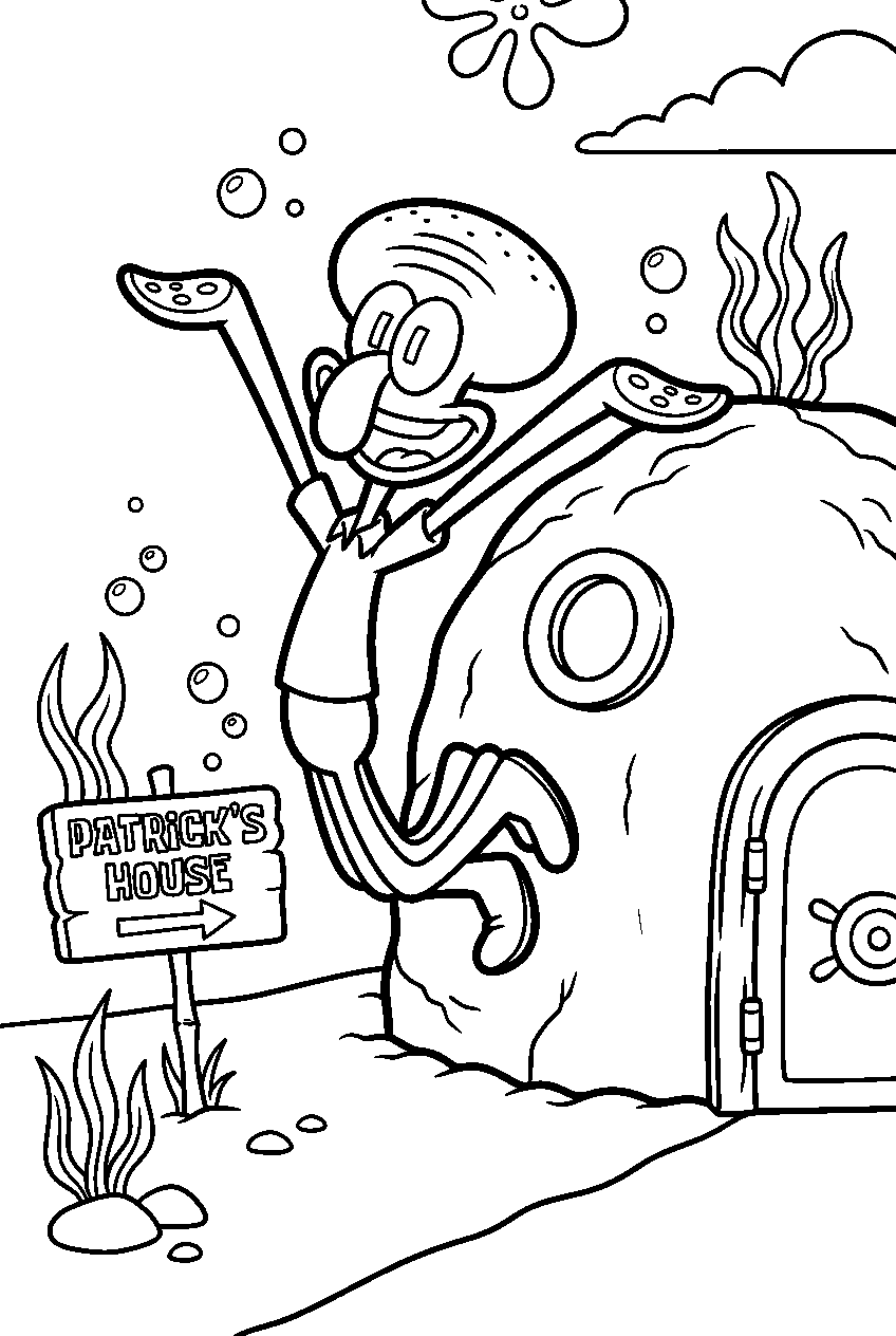 squidward jumping at patrick s rock house line art