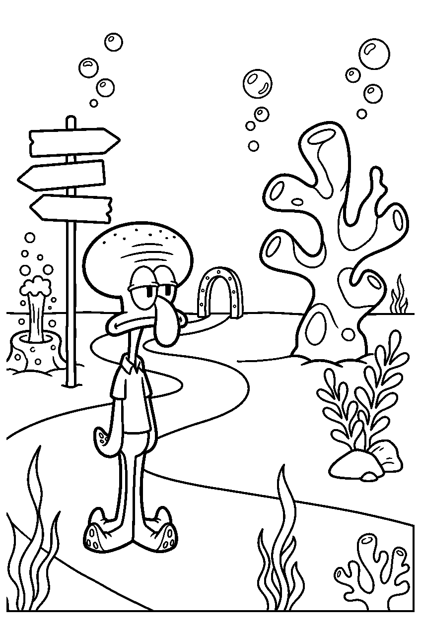 squidward observing in underwater park line art