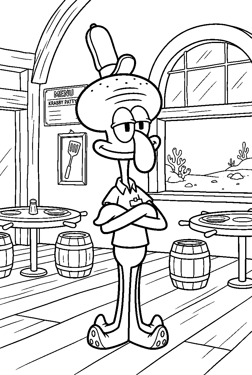 squidward posing at krusty krab dining area line art
