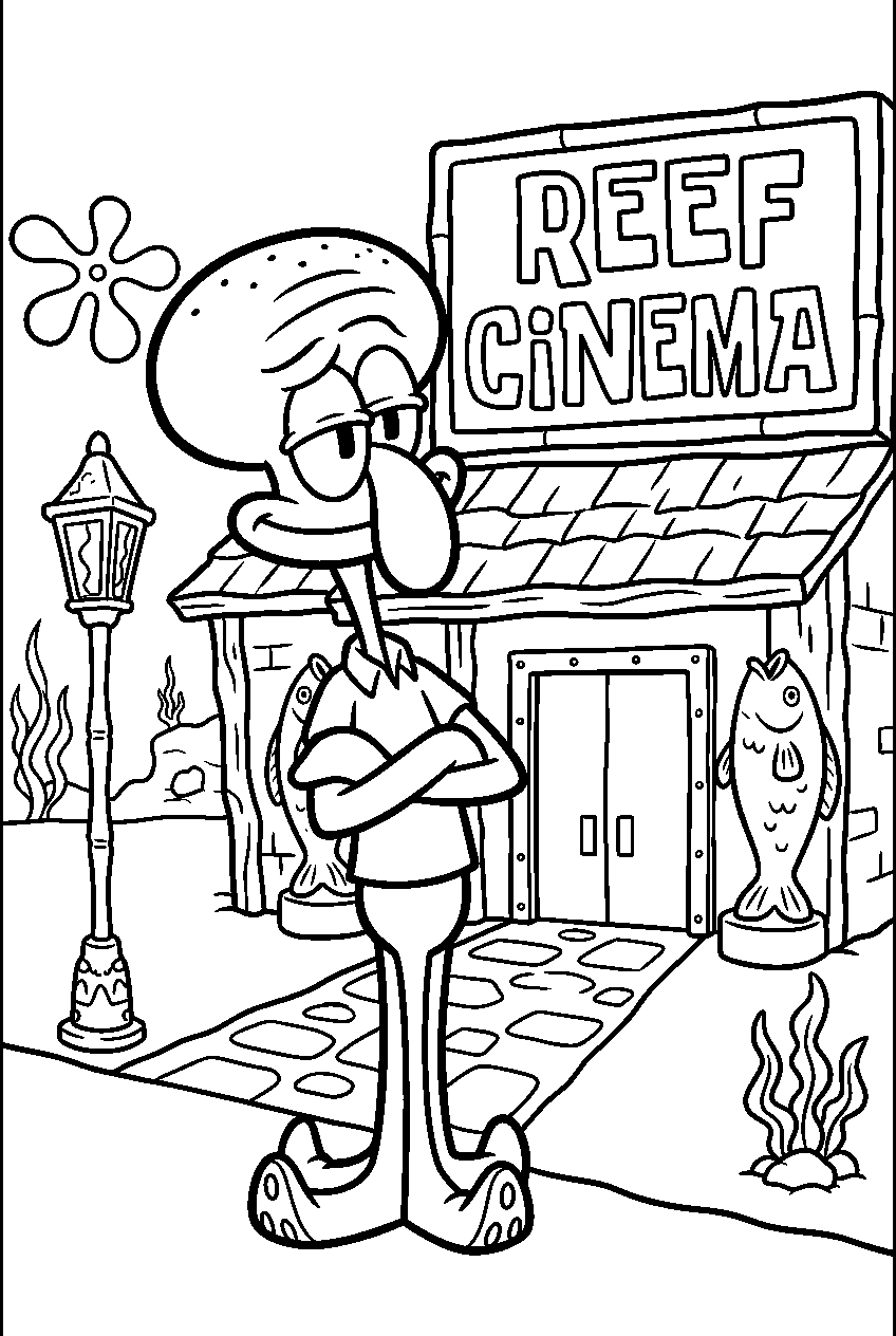 squidward posing at reef cinema line art