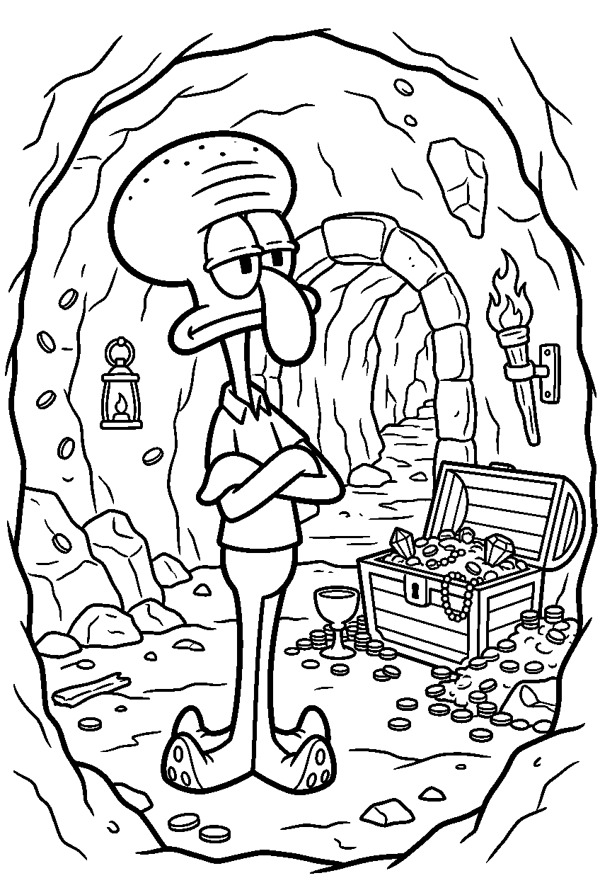 squidward posing at treasure cave line art