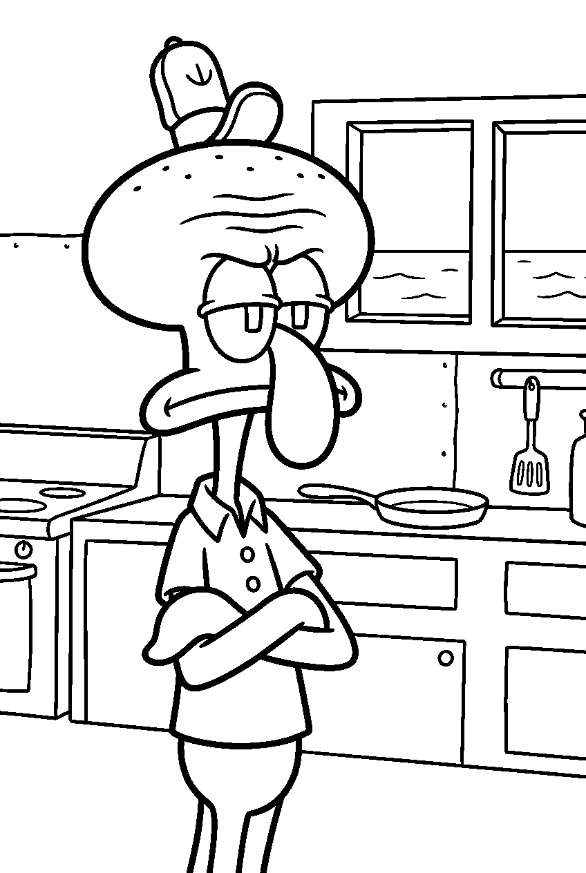 squidward posing inside krusty krab kitchen line art