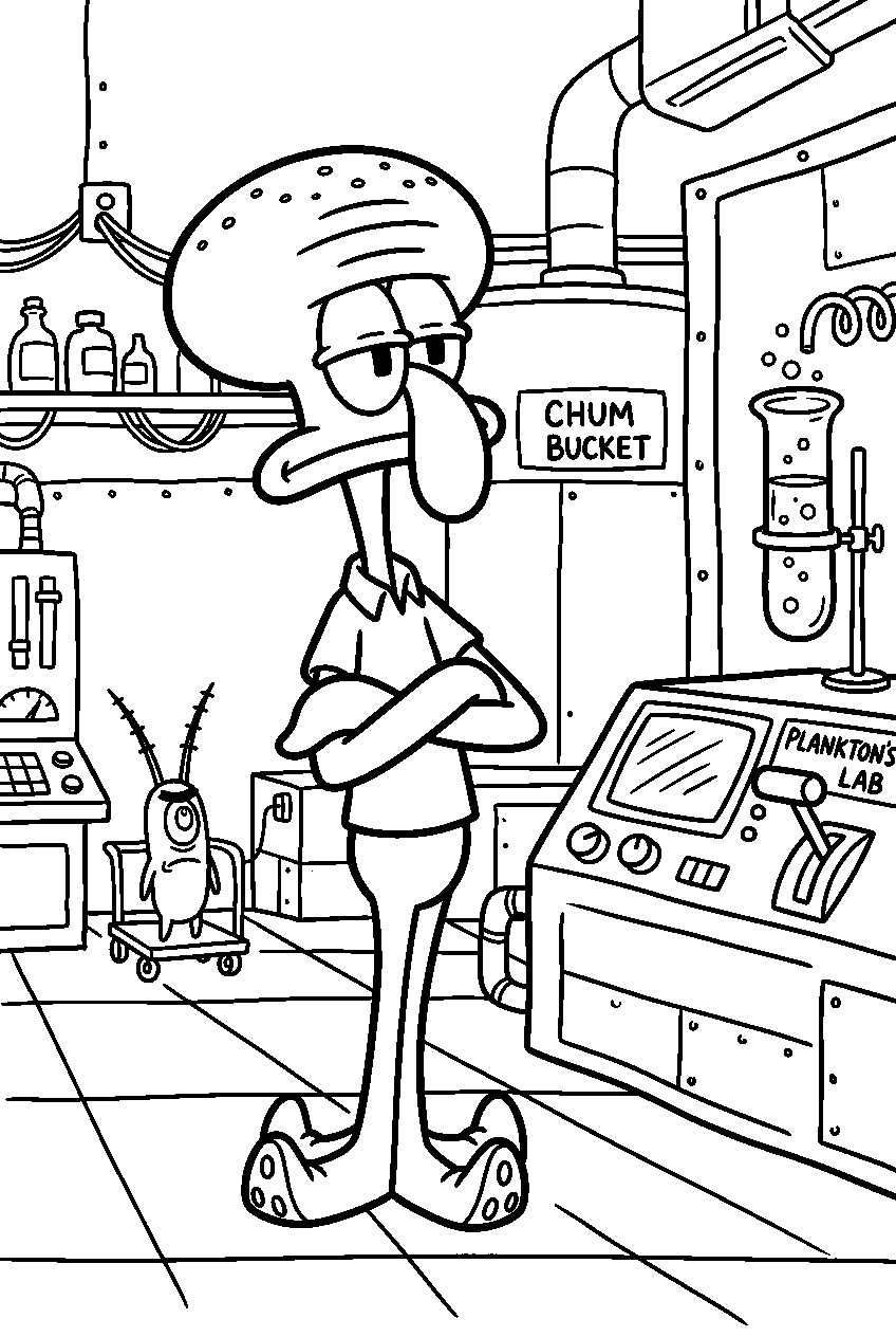 squidward posing inside plankton s lab line art