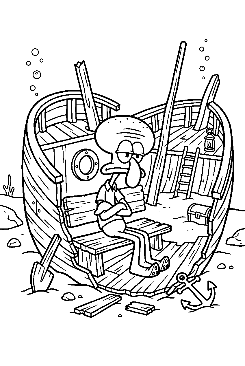 squidward sitting inside shipwreck line art