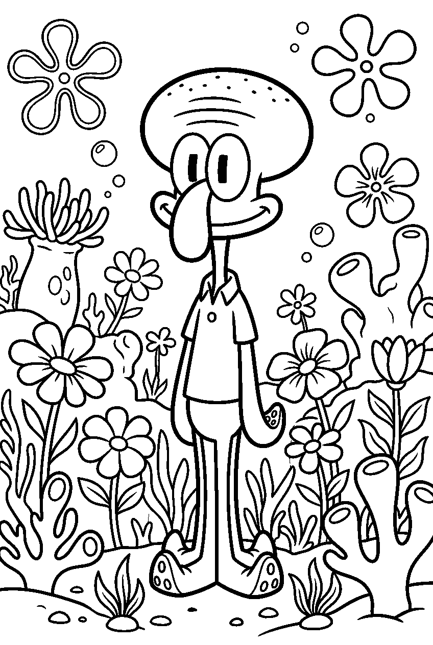 squidward standing in underwater flower field line art