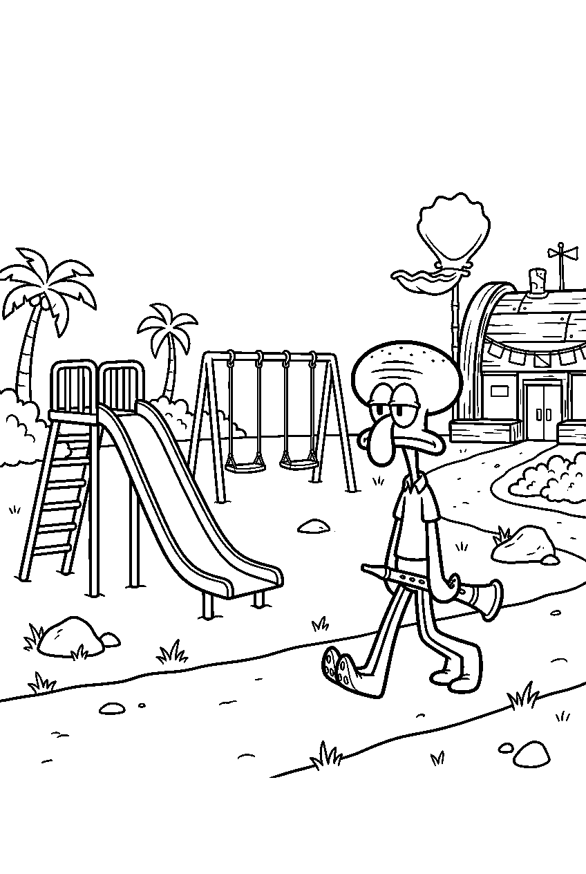 squidward walking at krusty krab playground line art