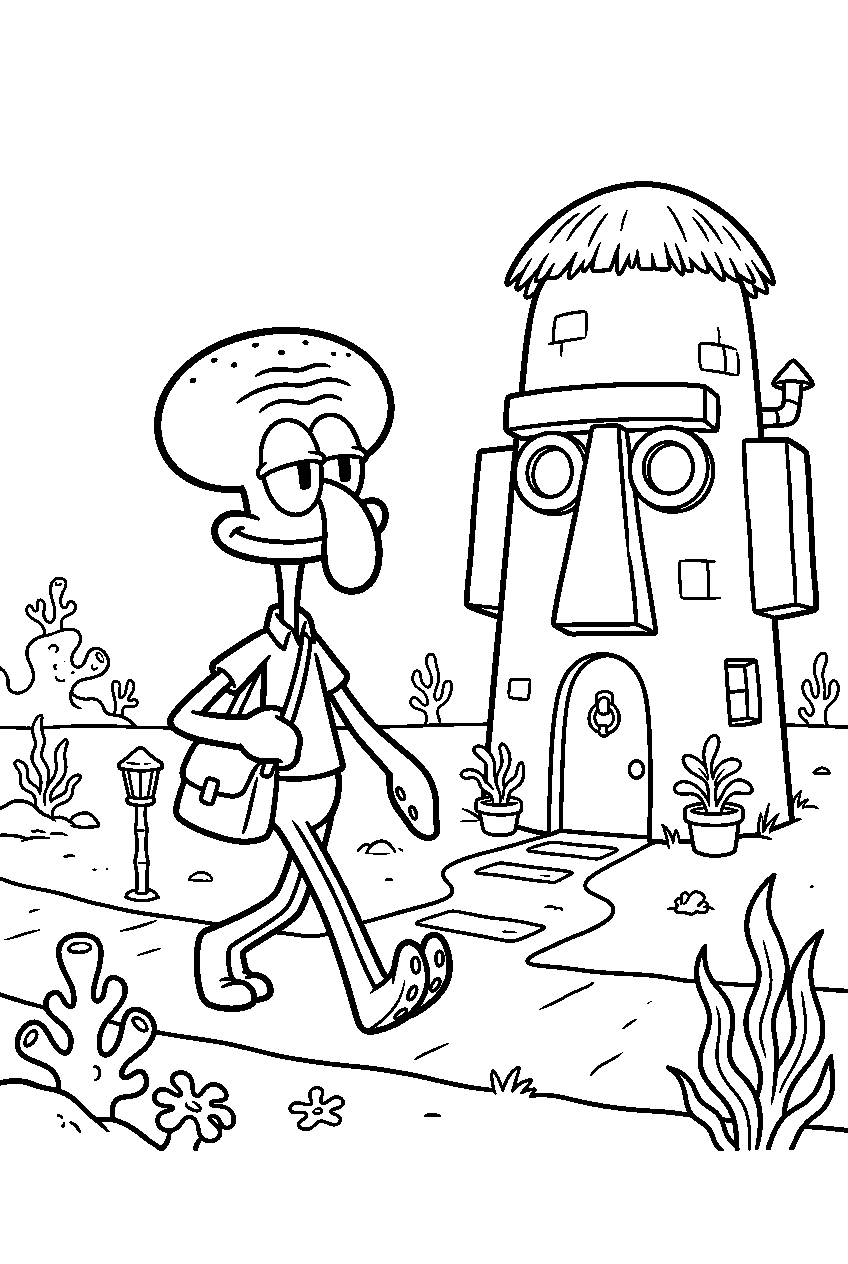 squidward walking at squidward s tiki house line art