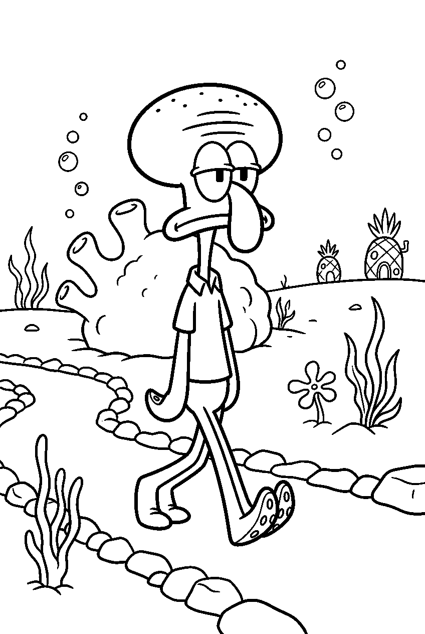 squidward walking slowly in underwater park line art