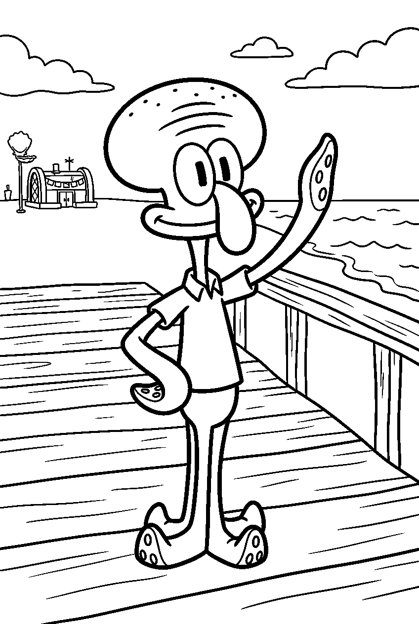 squidward waving at boardwalk line art
