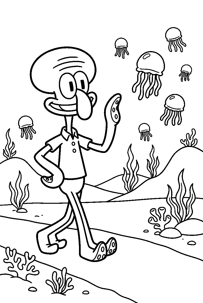 squidward waving in jellyfish fields line art