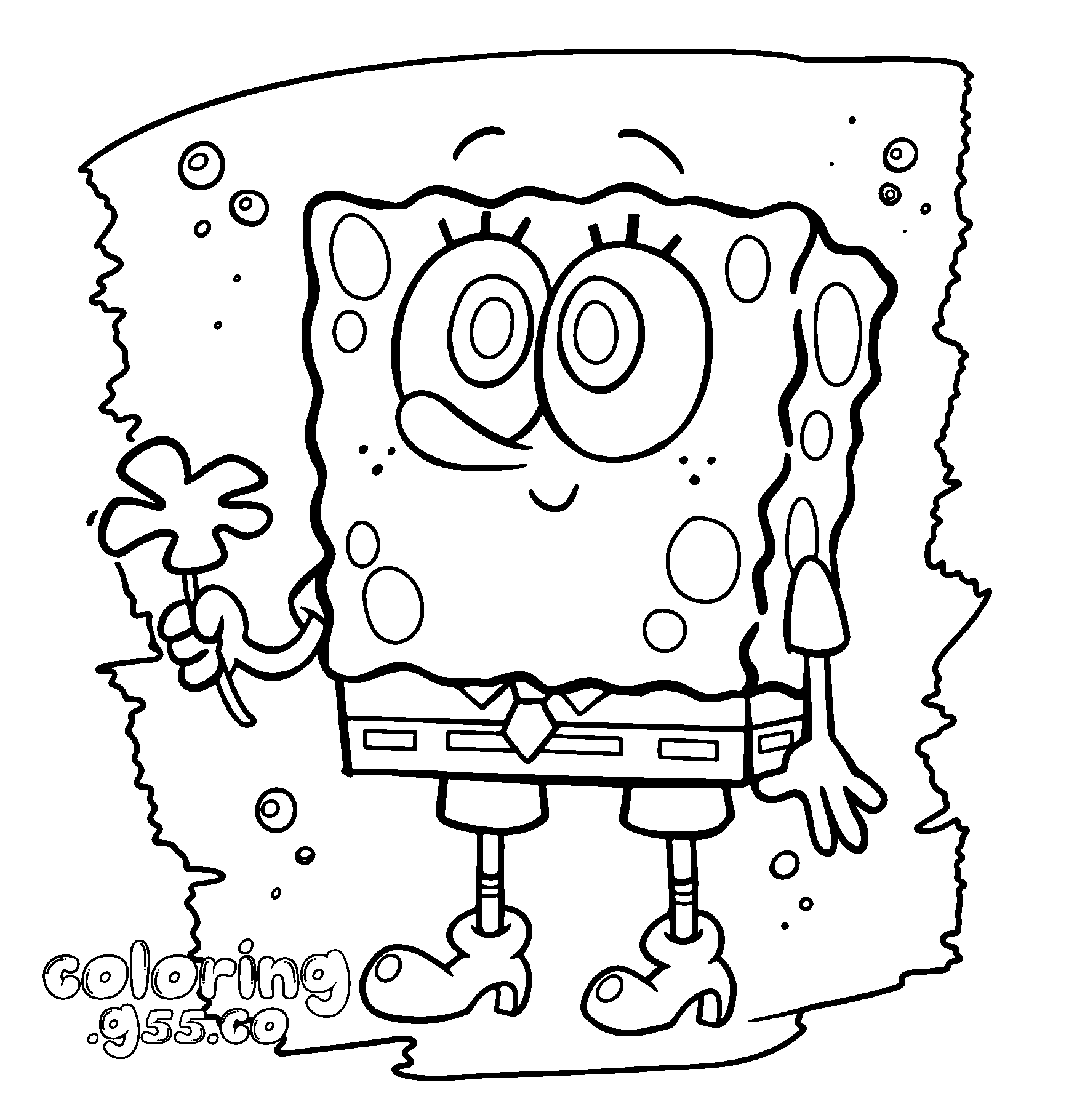 cute spongebob holding a flower line art