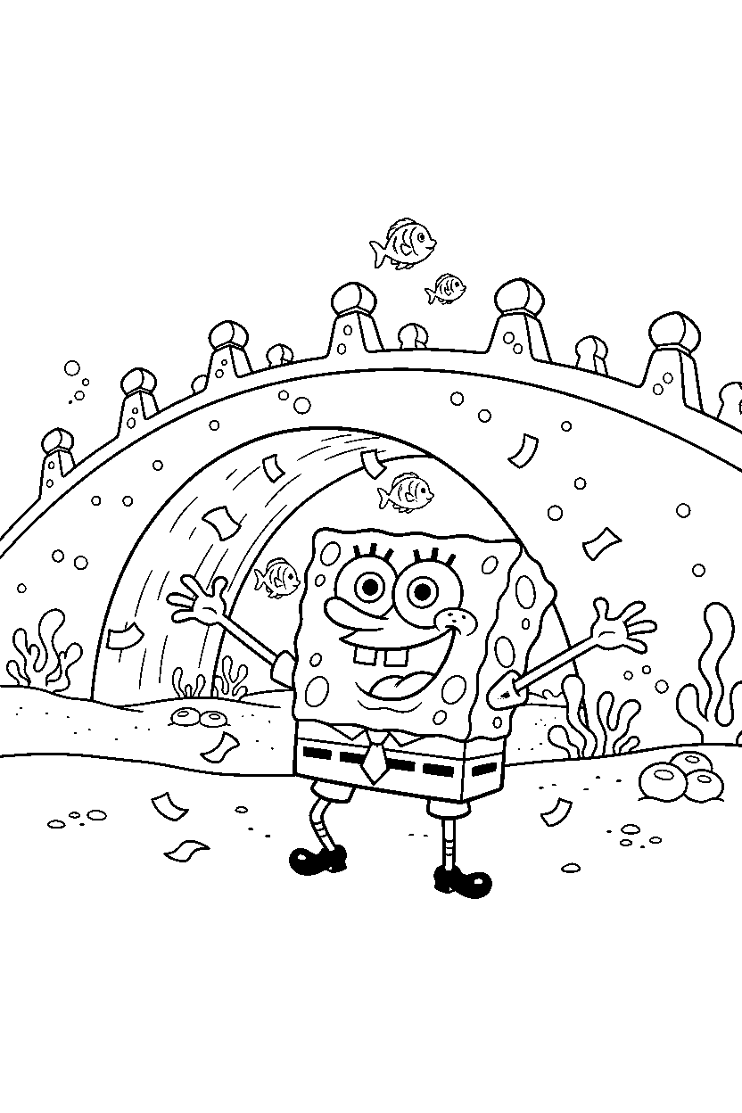 funny spongebob celebrating near an underwater bridge line art