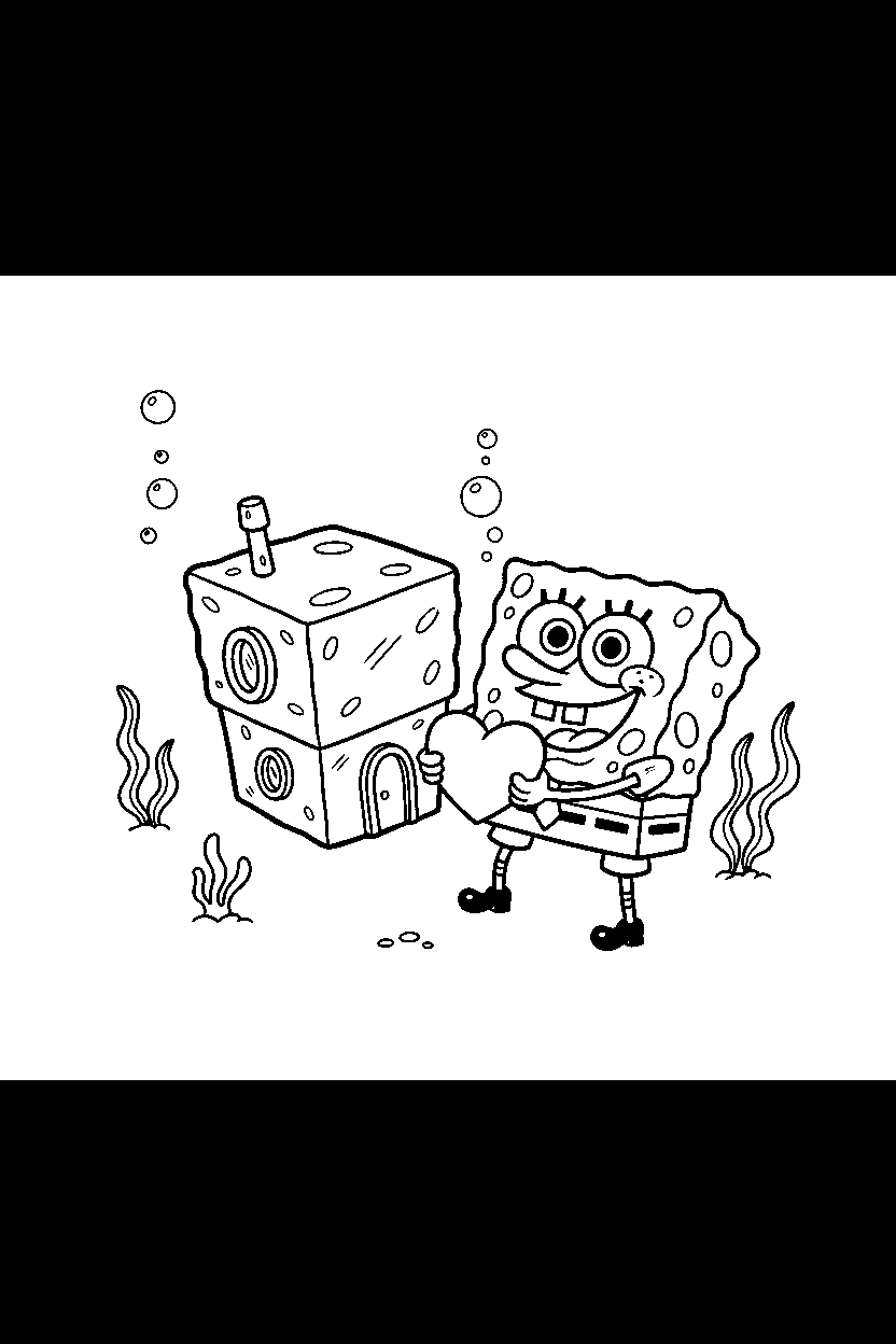funny spongebob holding a heart near an underwater square line art