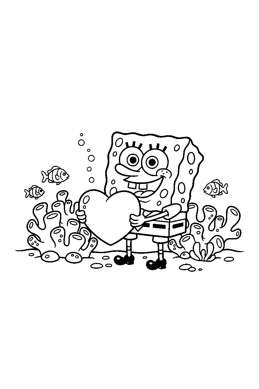 funny spongebob holding a heart near coral reefs line art