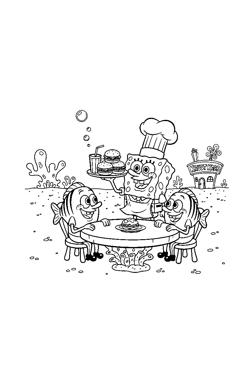 funny spongebob serving food in bikini bottom line art