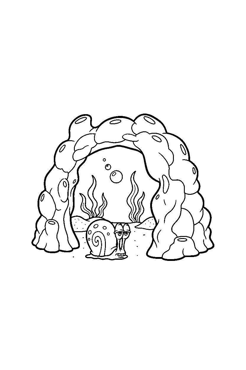 gary the snail resting near a coral courtyard line art