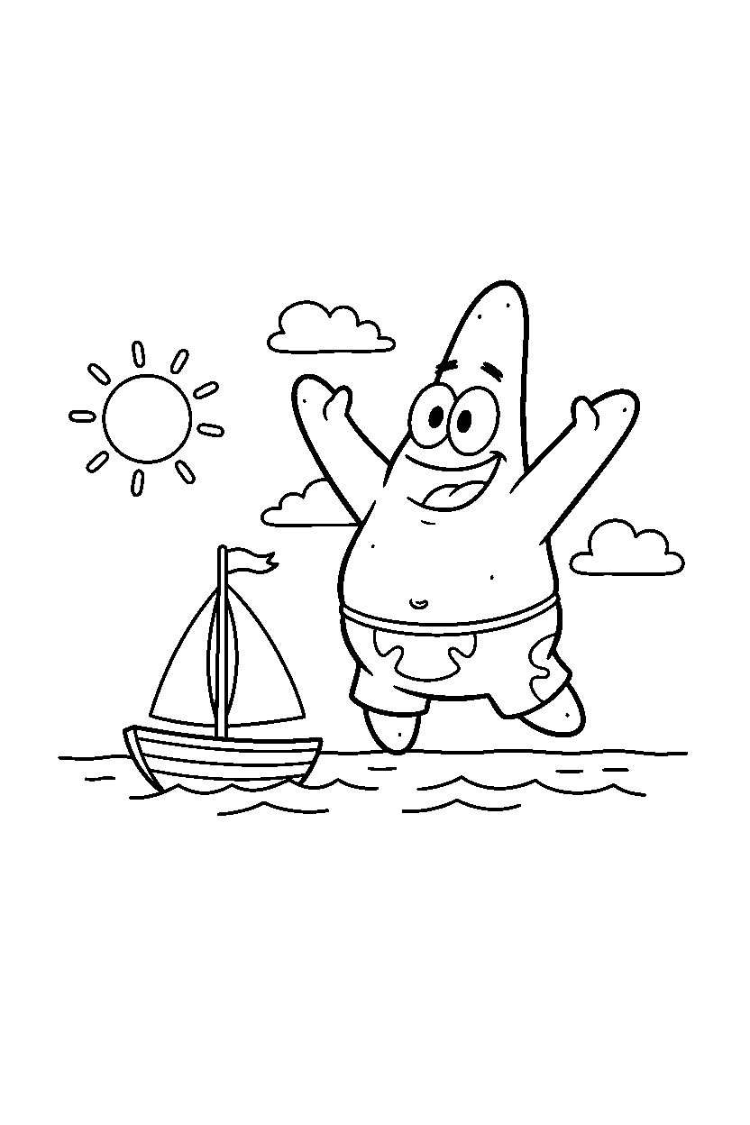 happy patrick star jumping near a small boat line art
