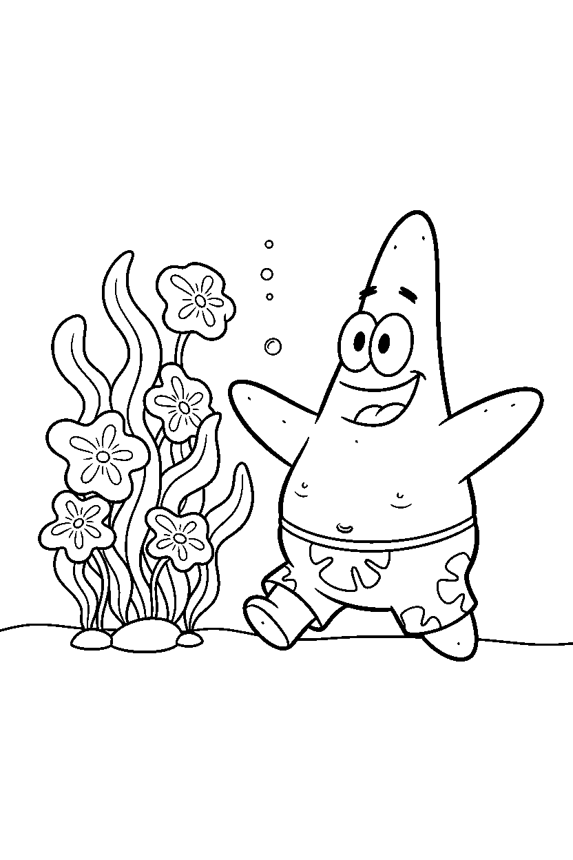 happy patrick star walking near a seaweed garden line art