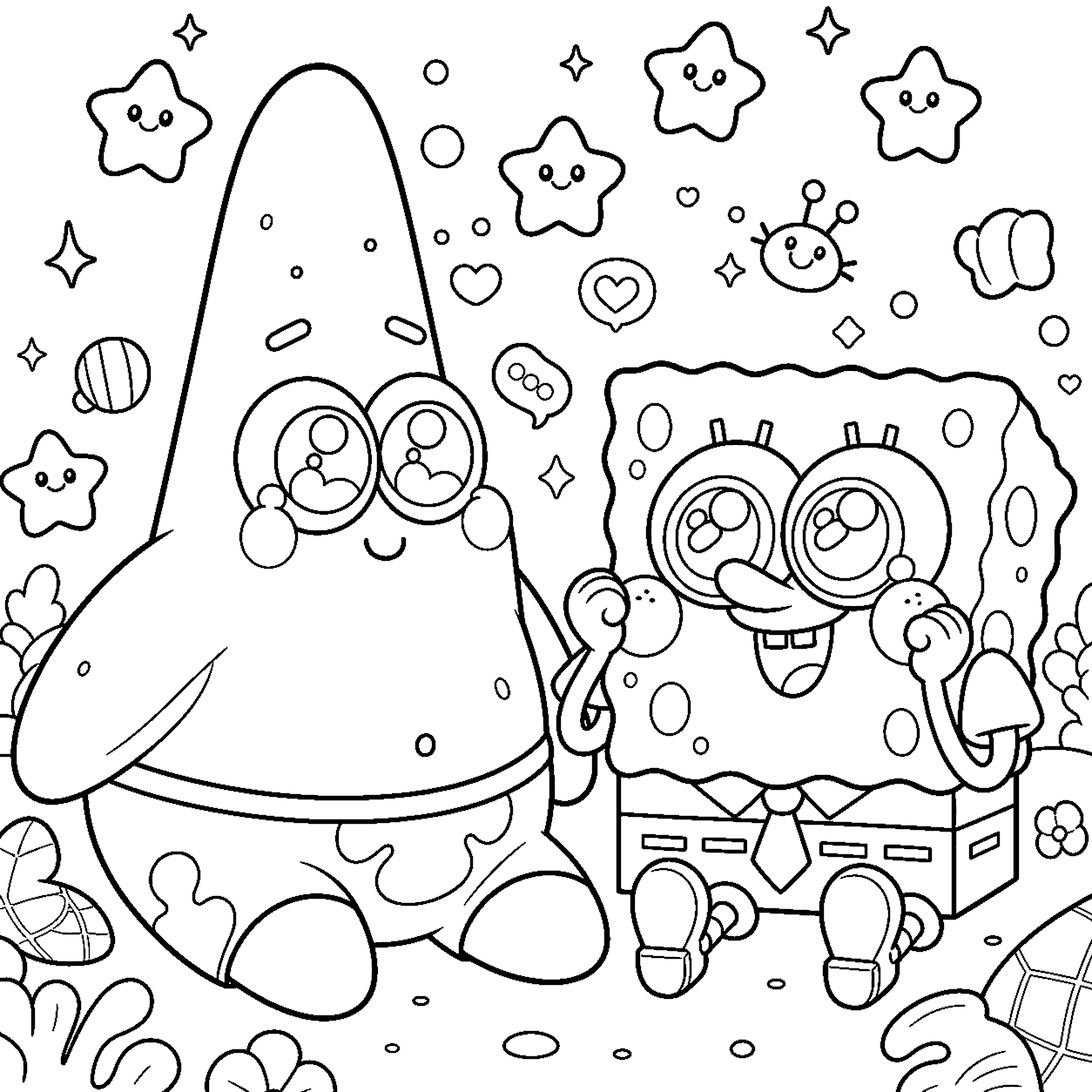 happy spongebob and patrick best friends kids line art