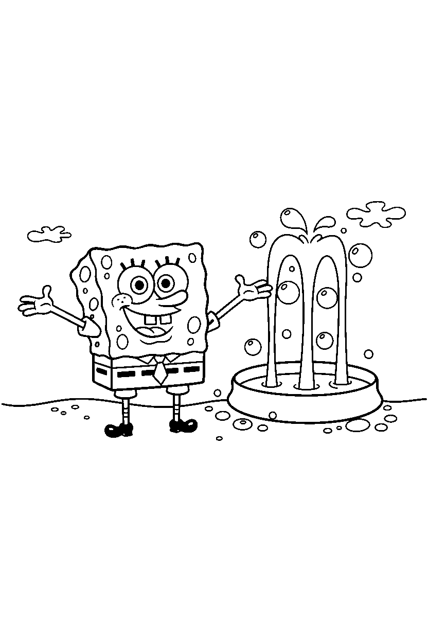 happy spongebob posing near a bubble fountain line art