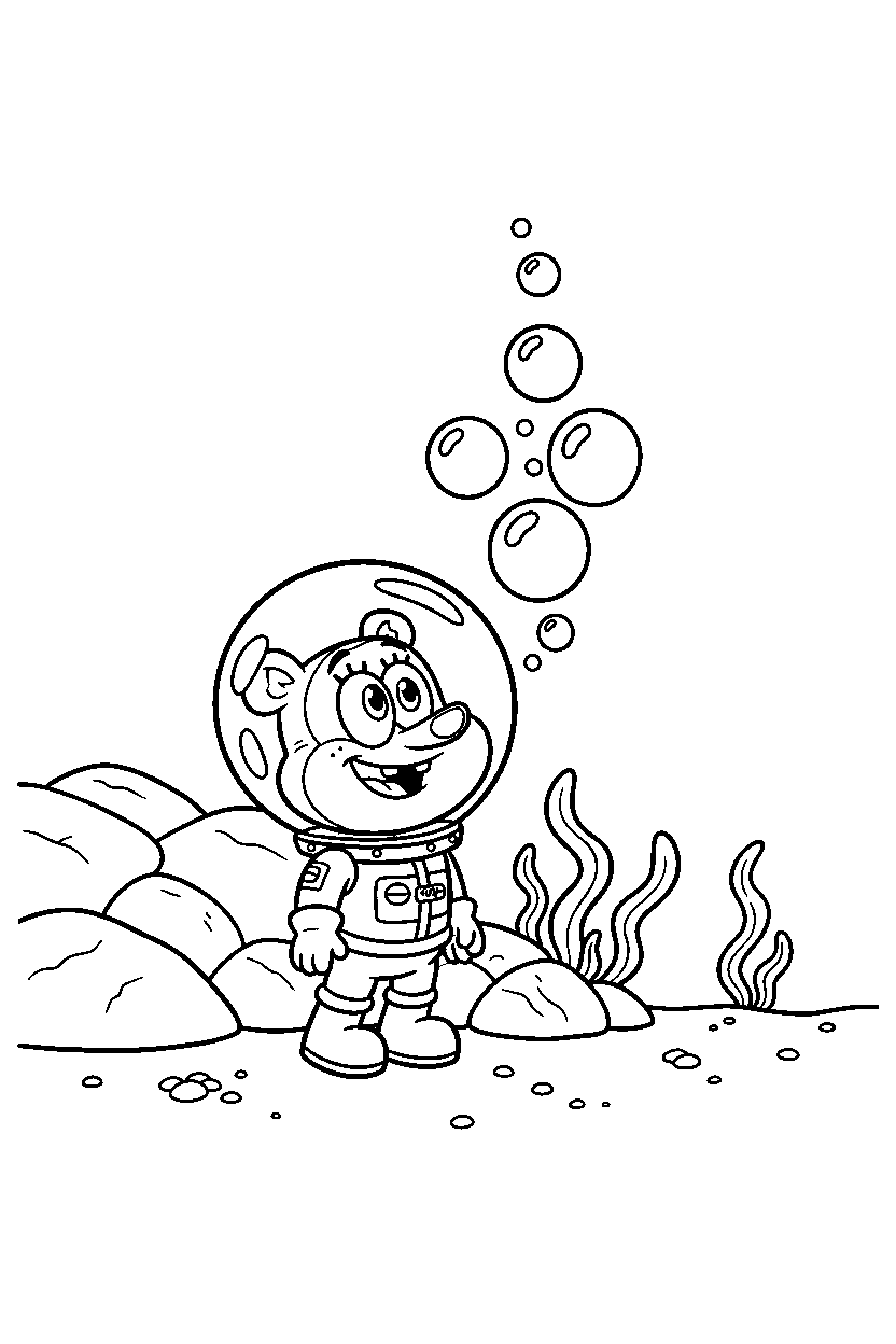 sandy cheeks looking at bubbles near underwater rocks line art