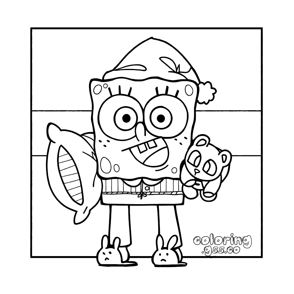 sleepy pajama spongebob with teddy bear kids line art