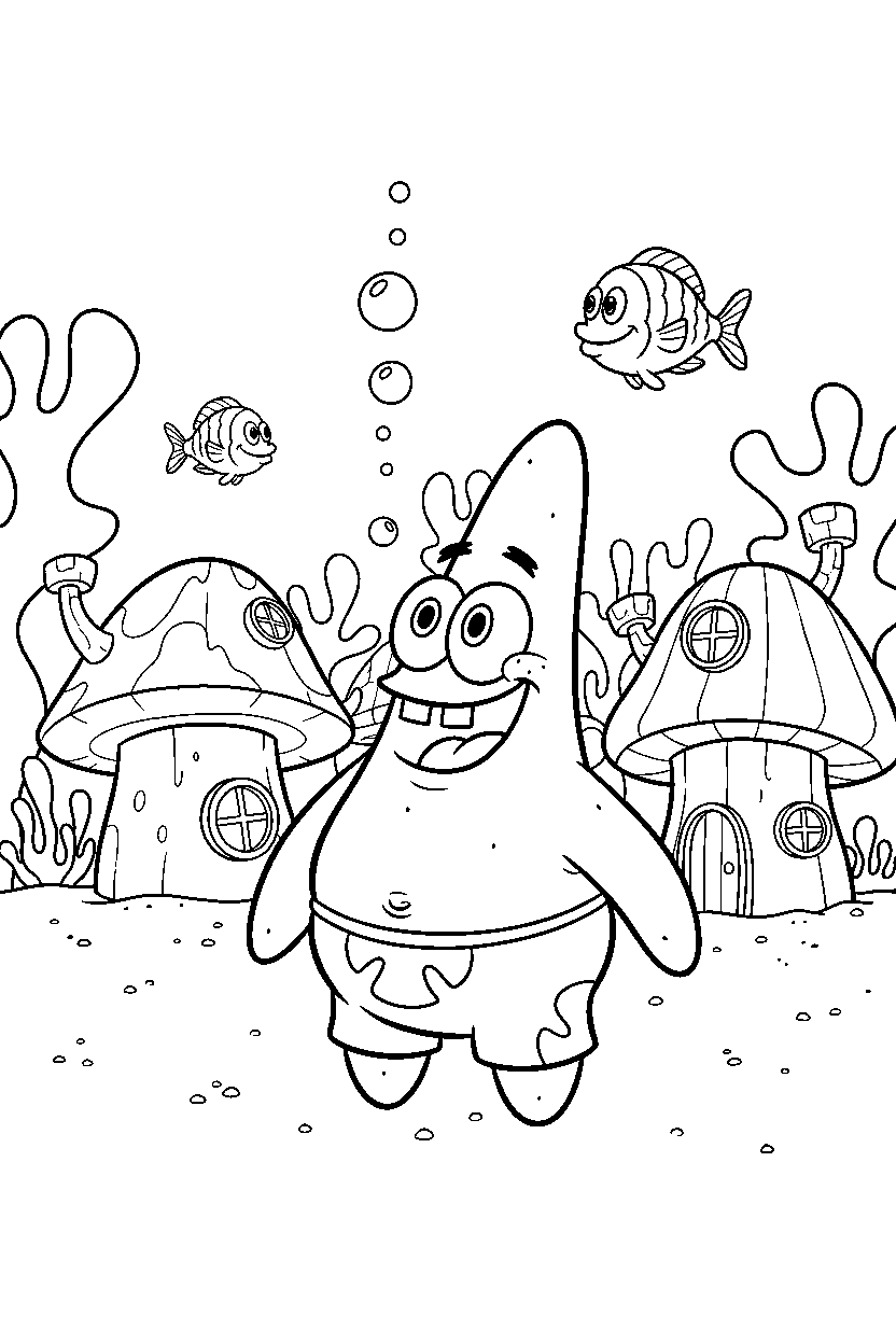 smiling patrick star looking up in a colorful underwater town line art