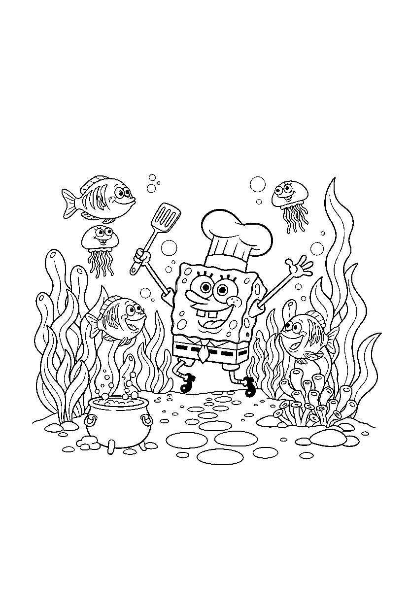 spongebob cook celebrating near an underwater garden line art