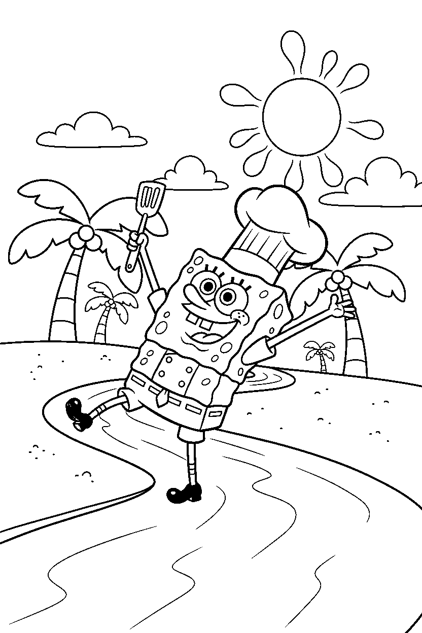 spongebob cook stretching near a sandy road line art