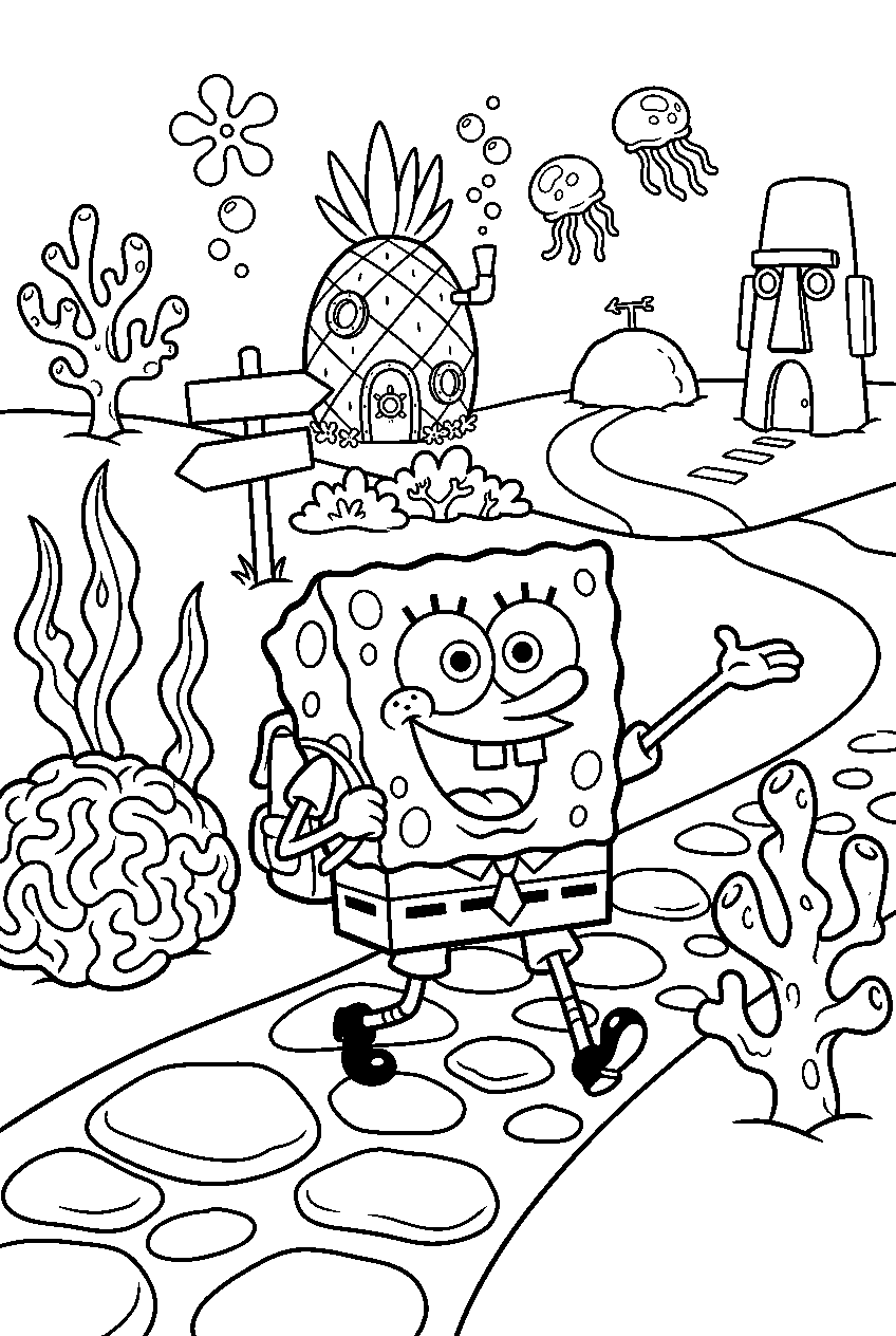 spongebob exploring at bikini bottom park line art