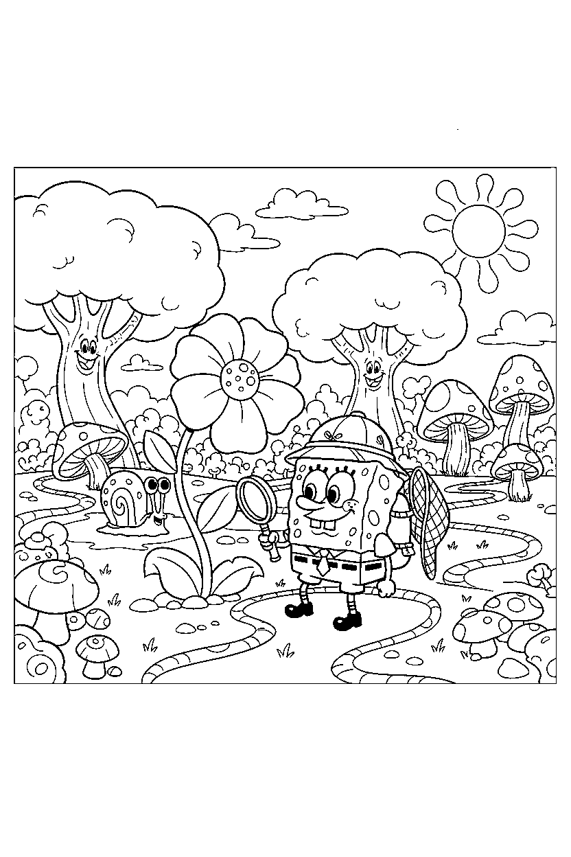 spongebob exploring in garden line art