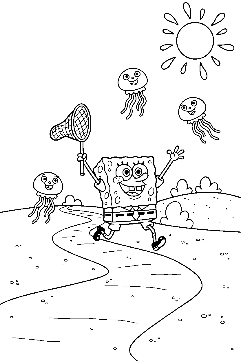 spongebob jellyfisher celebrating near a sandy road line art