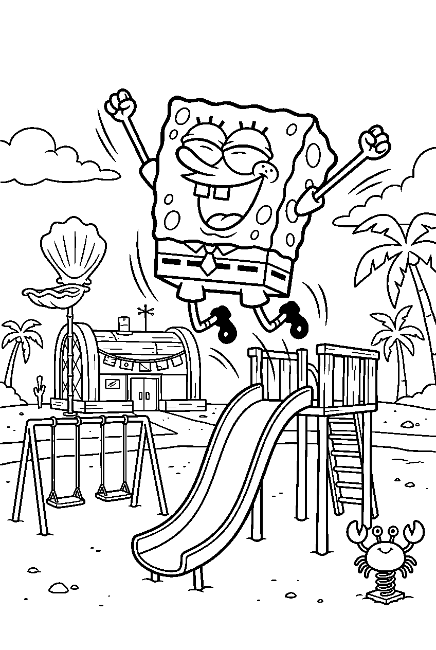 spongebob jumping at krusty krab playground line art