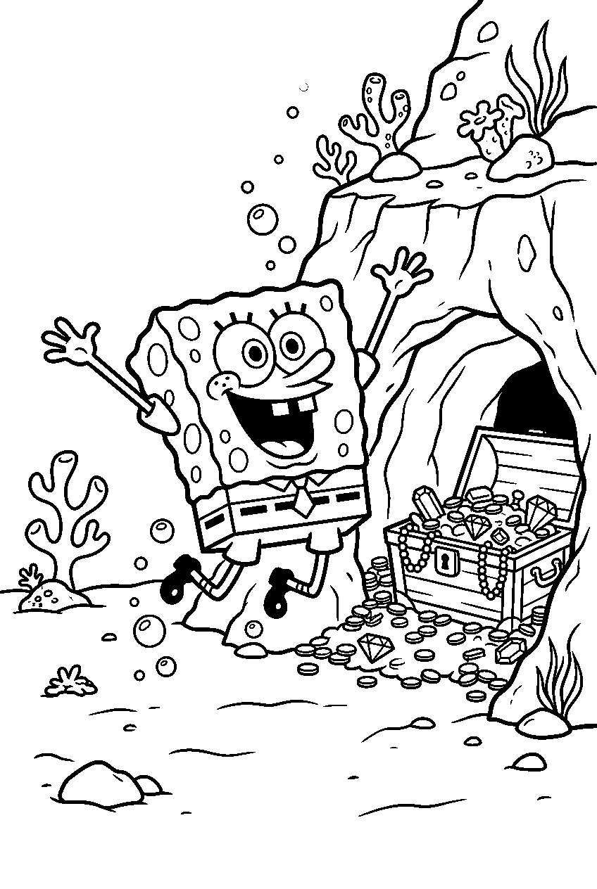 spongebob jumping at treasure cave line art