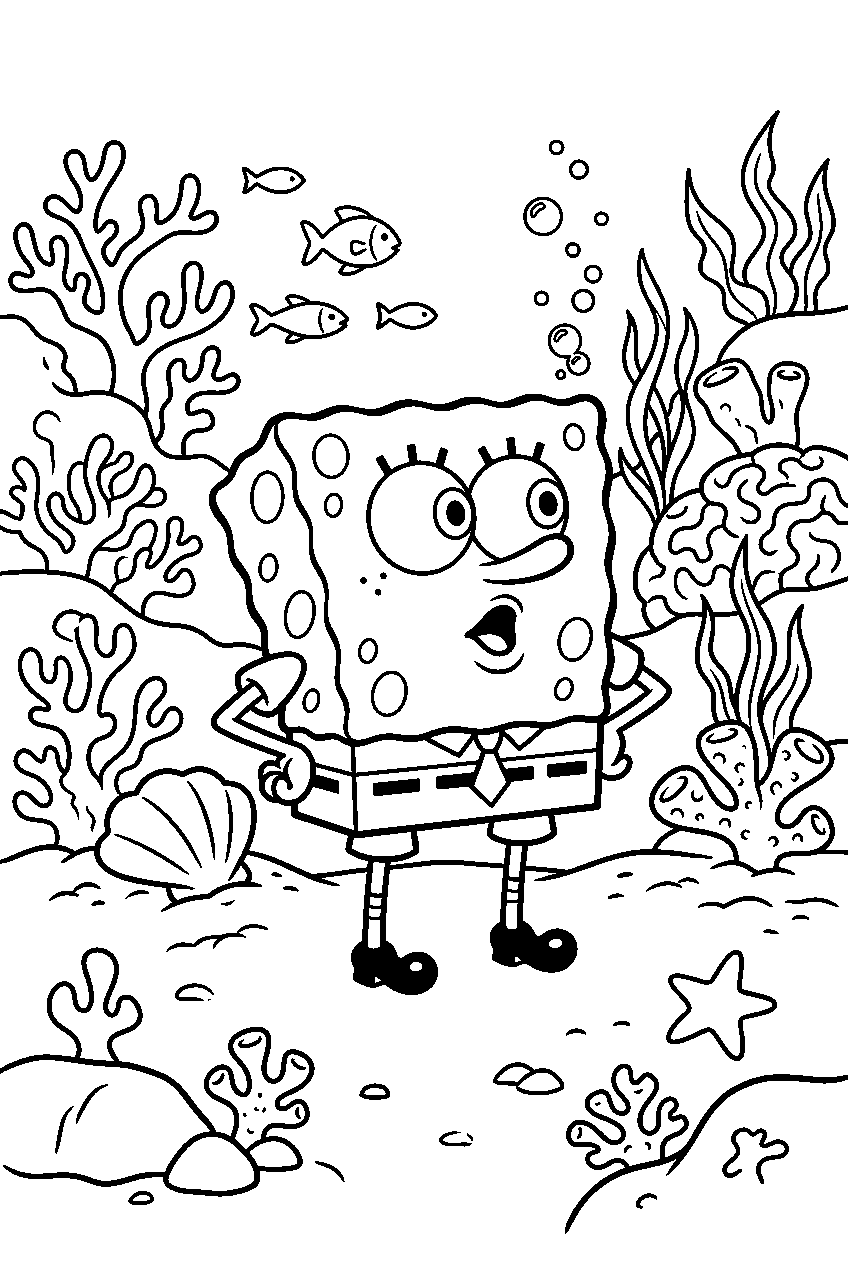 spongebob looking around in coral reef line art