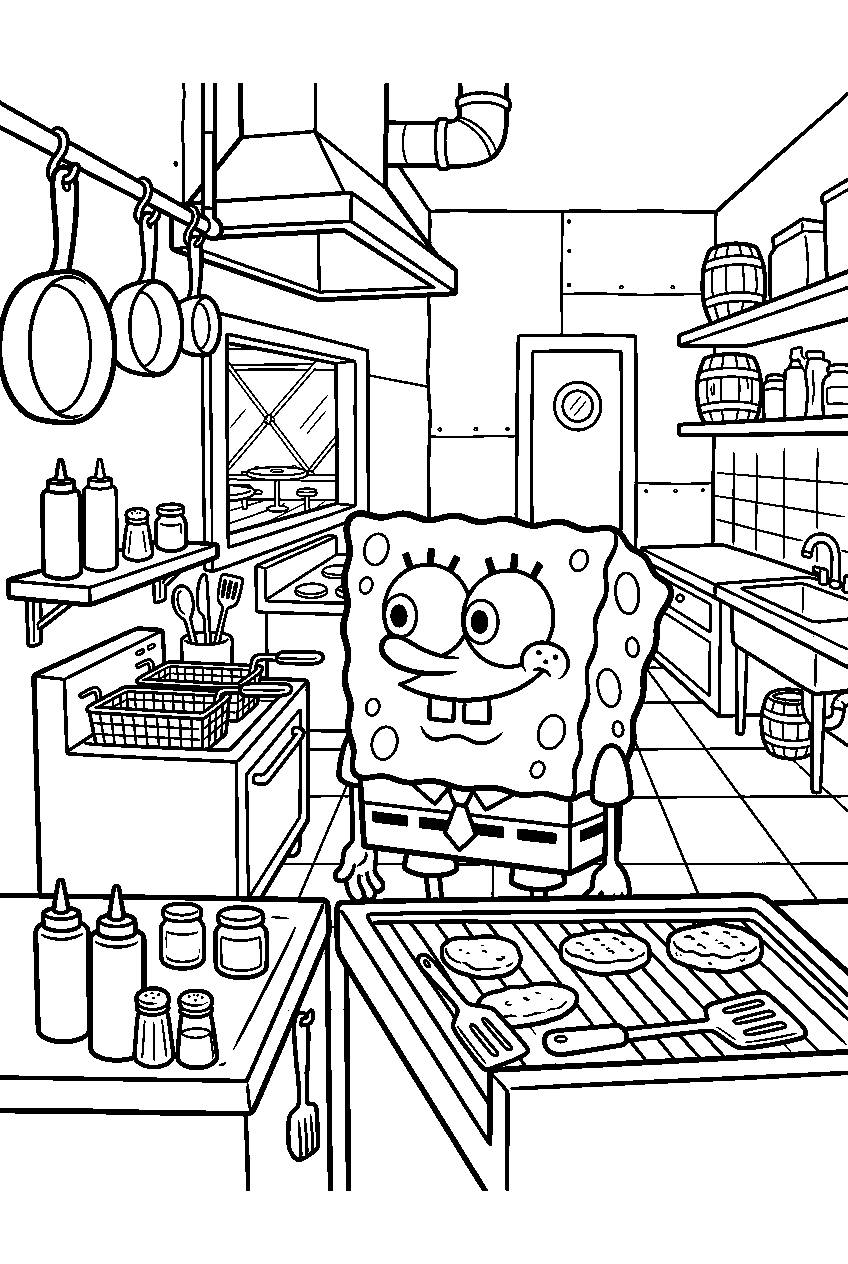 spongebob looking around inside krusty krab kitchen line art