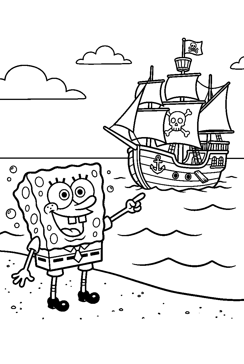 spongebob pointing at pirate ship line art