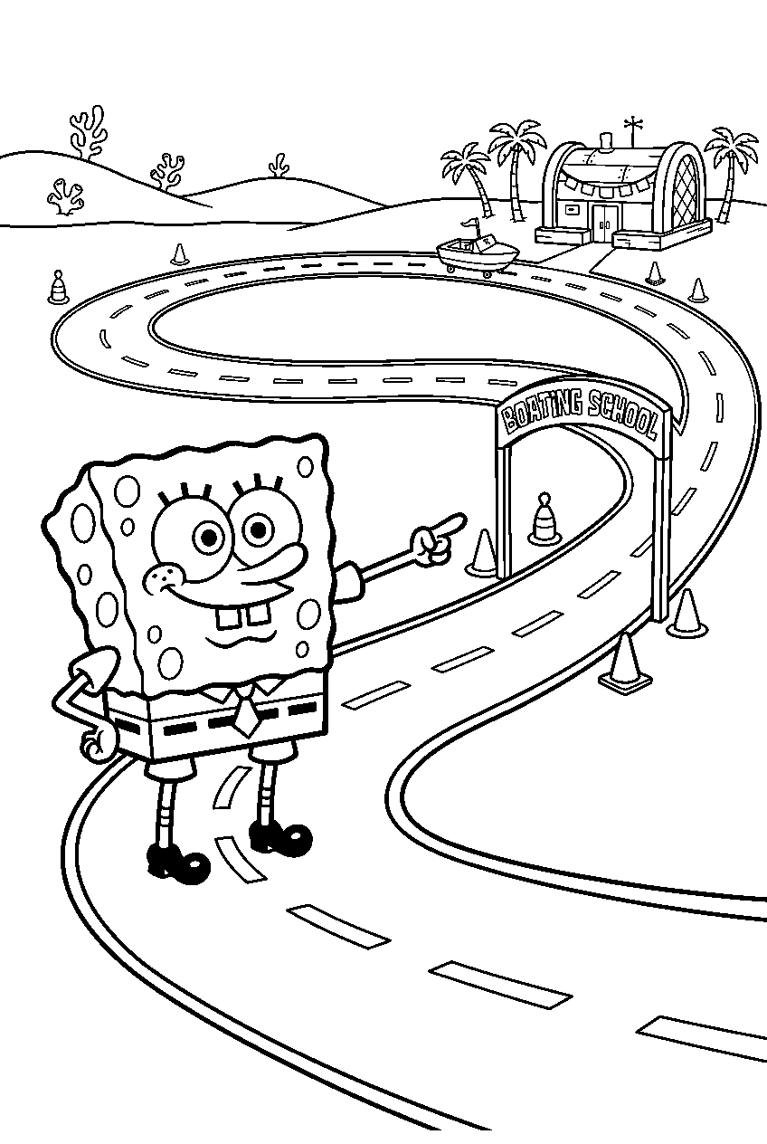 spongebob pointing on boating school test track line art