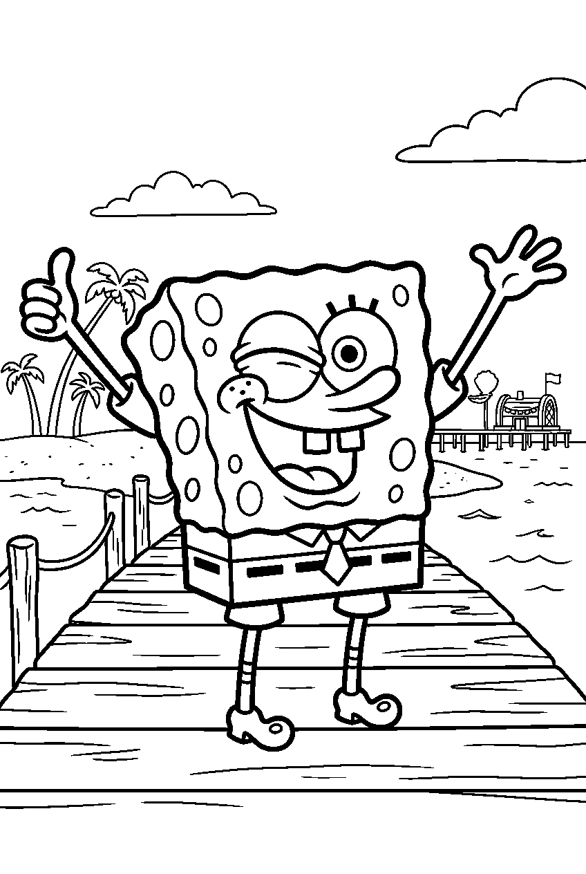 spongebob posing at boardwalk line art