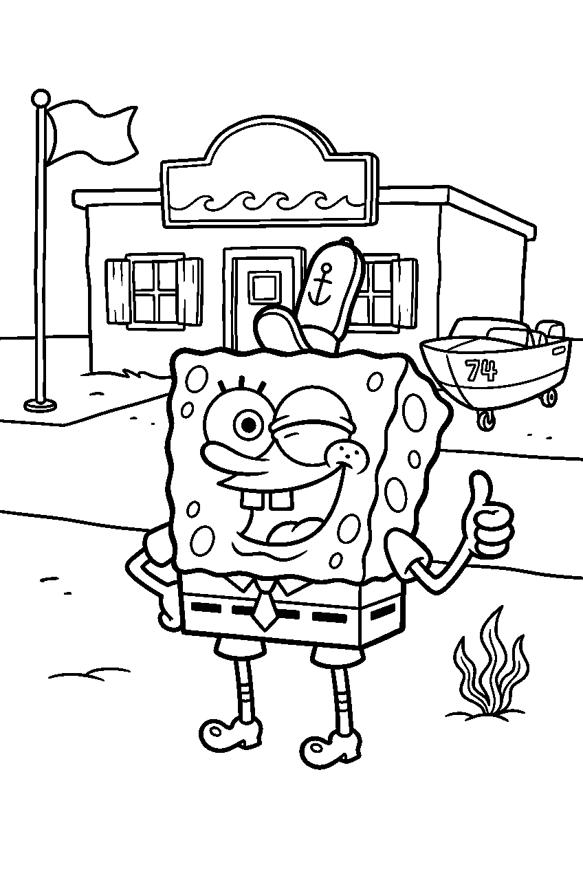 spongebob posing at boating school line art
