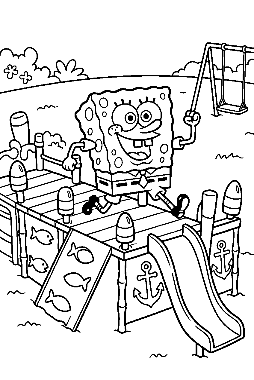 spongebob running at krusty krab playground line art