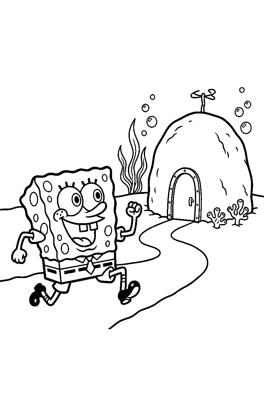 spongebob running at patrick s rock house line art