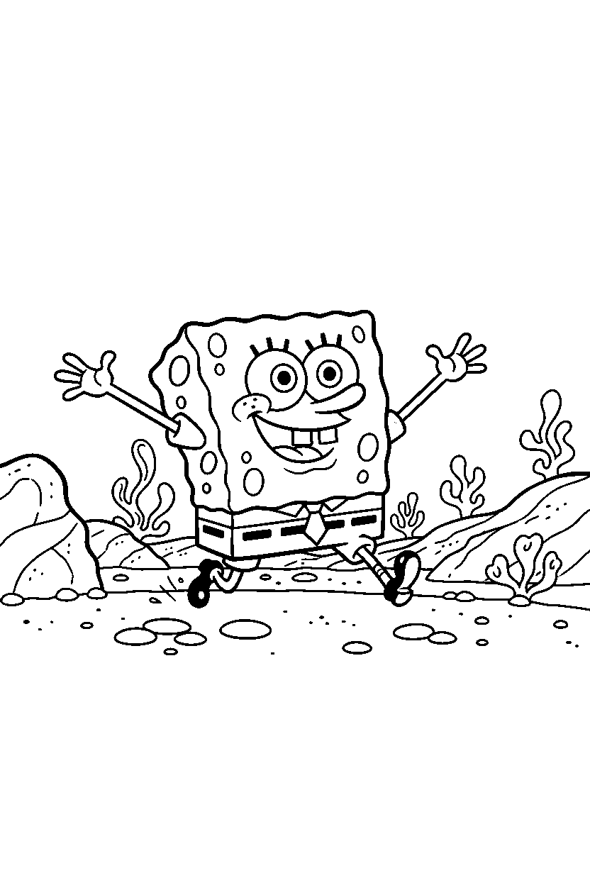 spongebob running in rocky area line art