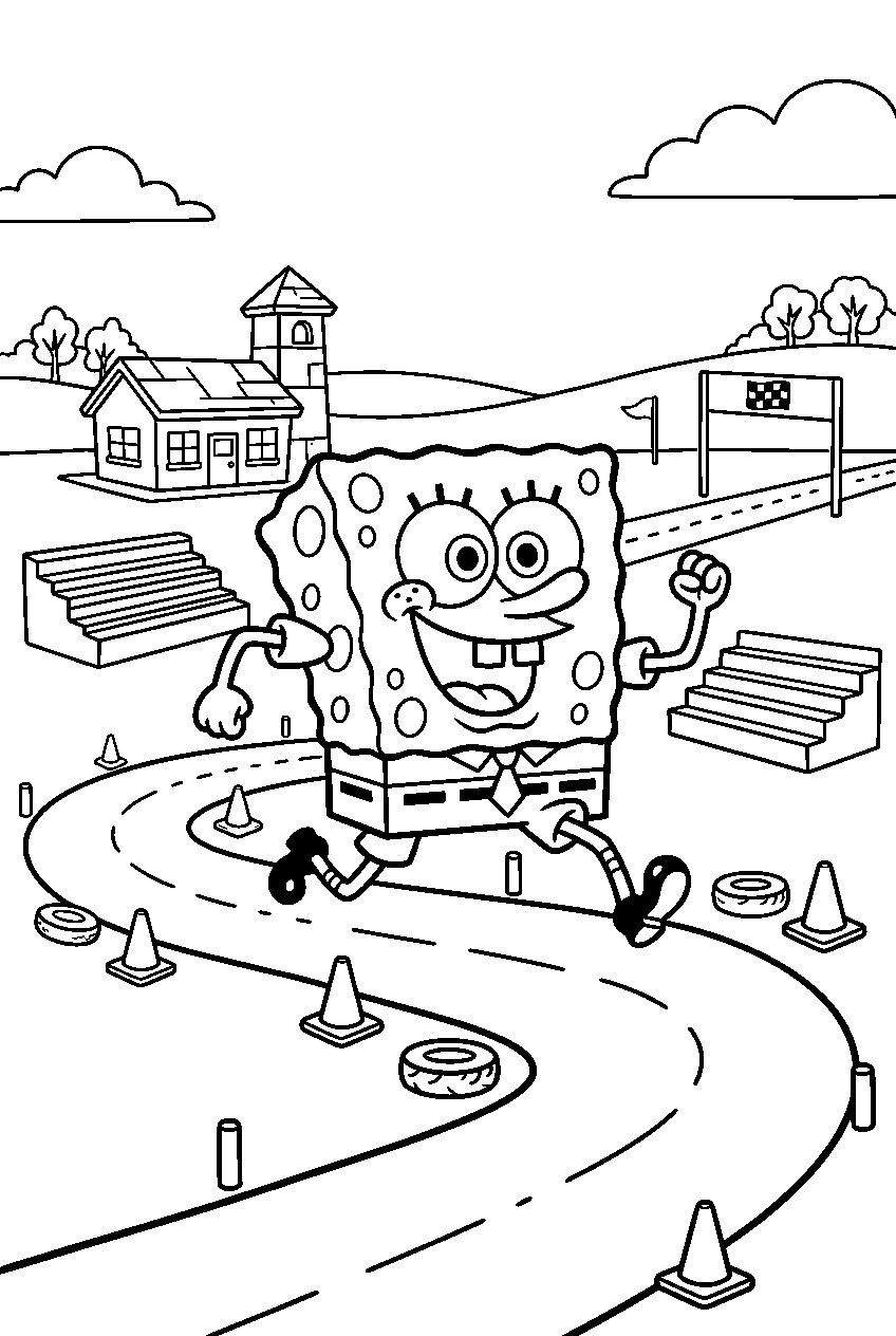 spongebob running on boating school test track line art