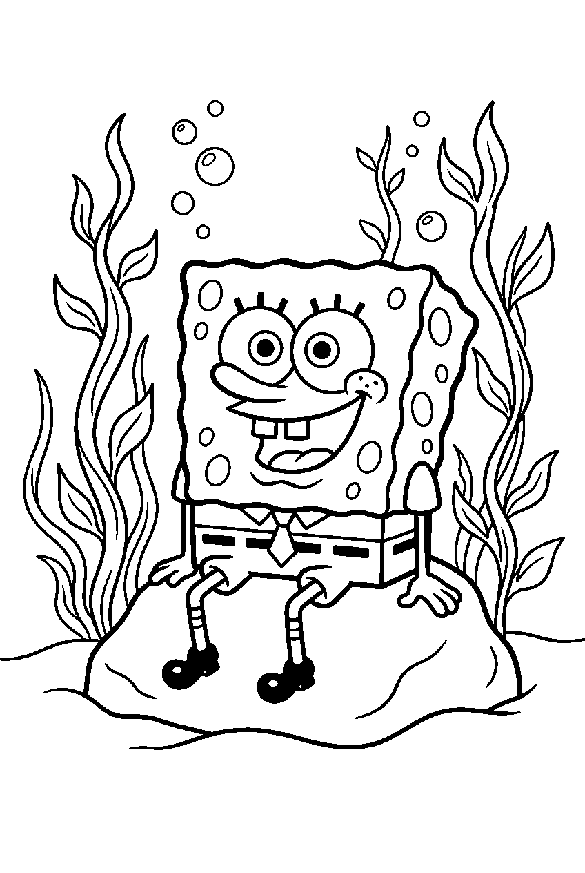 spongebob sitting at kelp forest line art