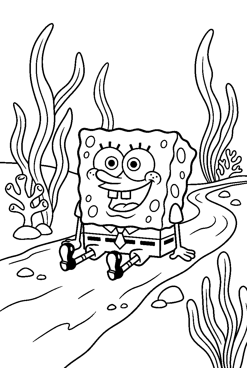 spongebob sitting at kelp forest trail line art