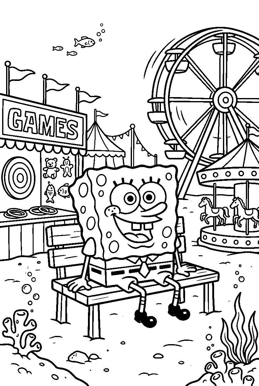 spongebob sitting at underwater carnival line art