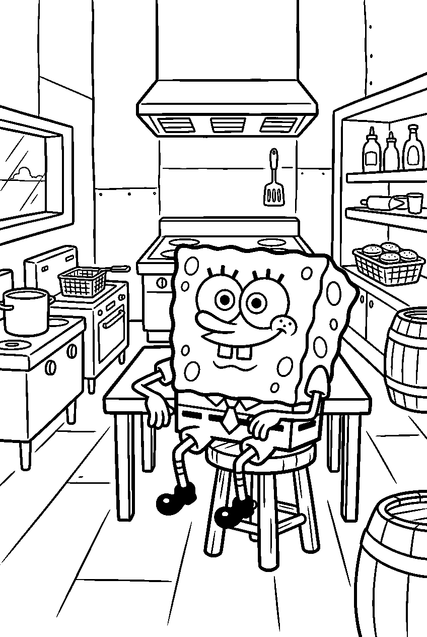 spongebob sitting inside krusty krab kitchen line art